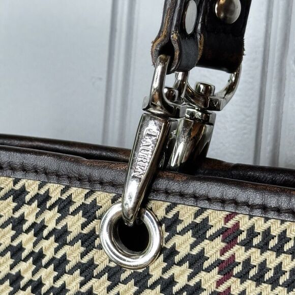 Vintage Ralph Lauren Houndstooth Tan Brown Leather Tote Shoulder Bag RLL Y2K - Picture 4 of 16